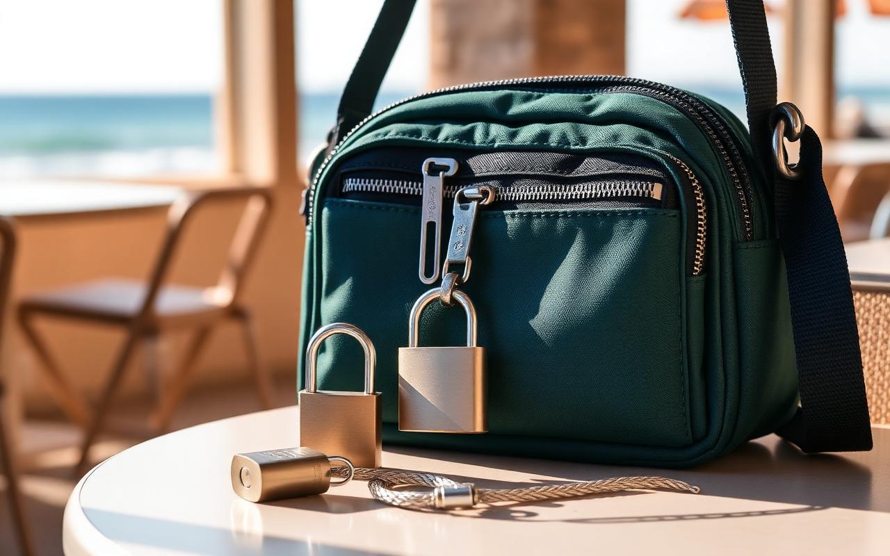 Anti-theft crossbody bag with locking zippers and a cable lock on a cafe table