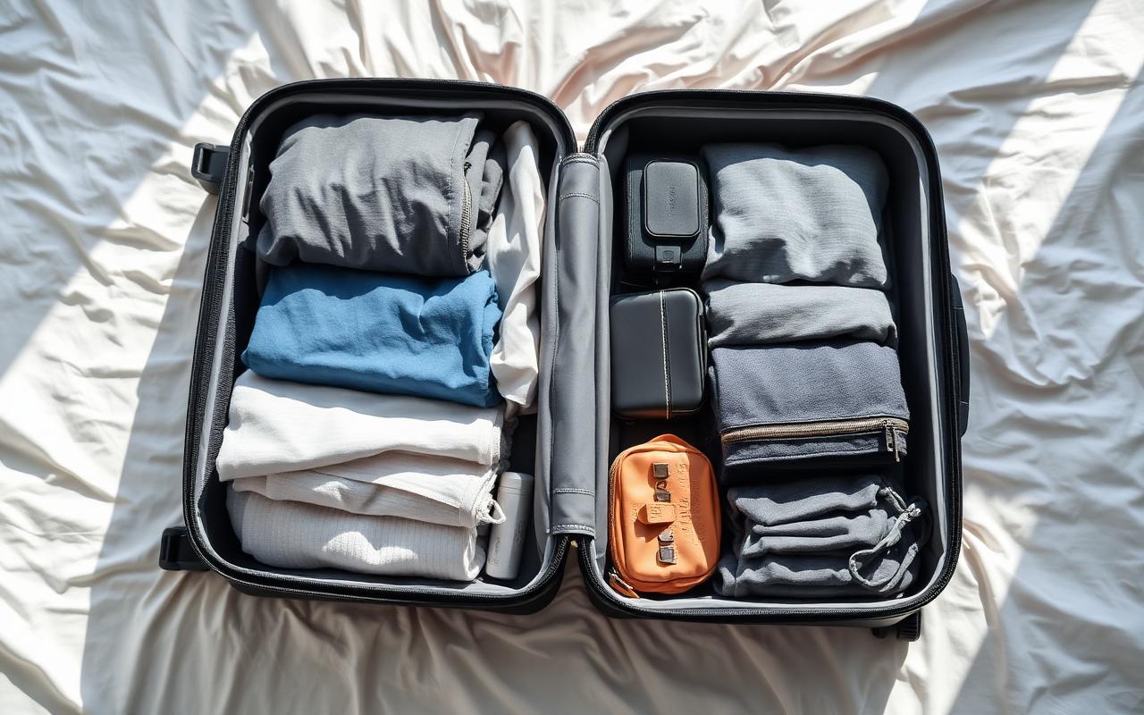 Open carry-on suitcase packed with folded clothes, charger and toiletry pouch