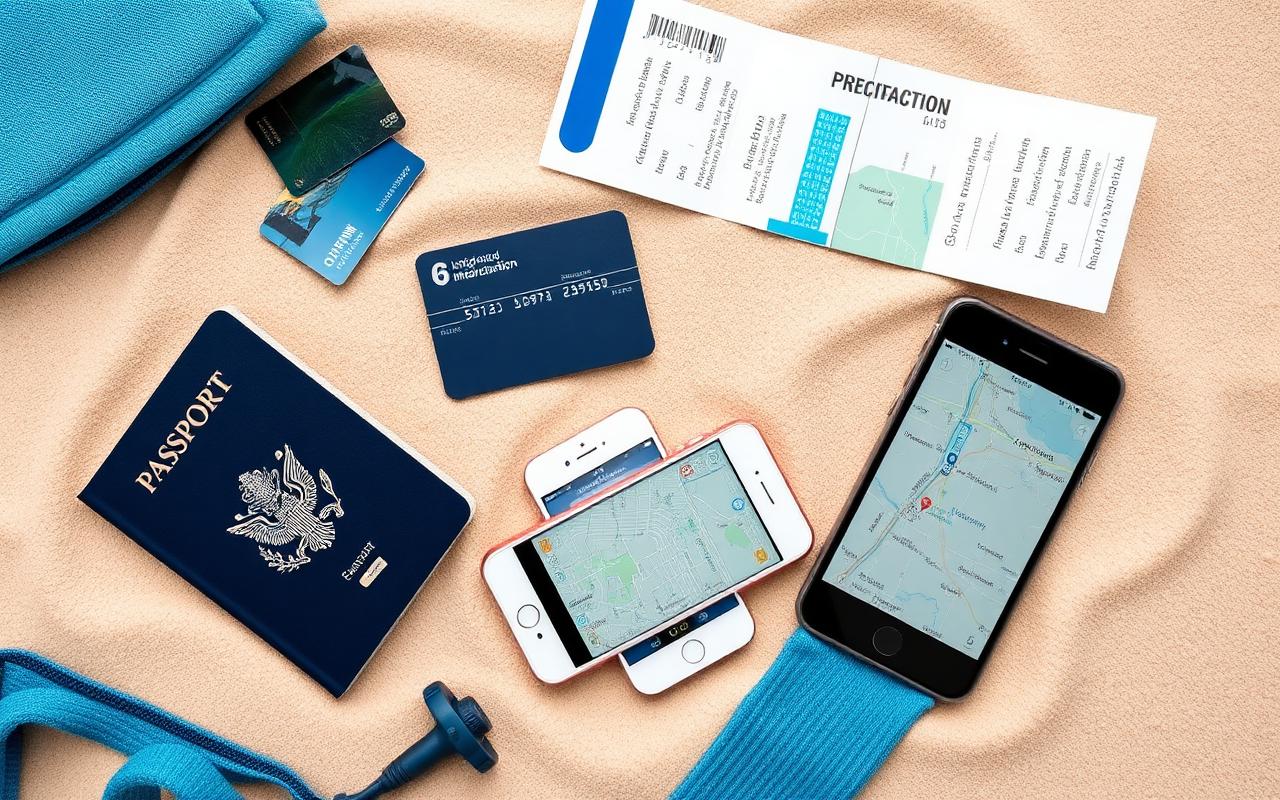 Passport, travel cards, medication pouch and eSIM phone on a table before a trip