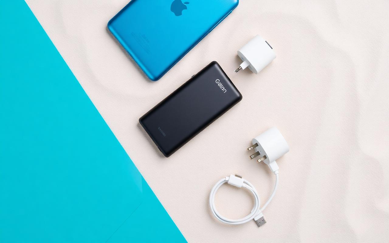 GaN travel charger, power bank and USB-C cables laid out on a desk